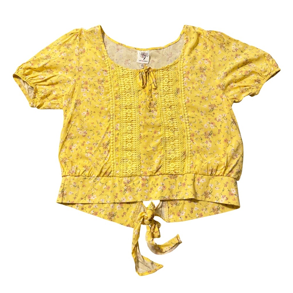 🌼 Yellow Floral Lace-Front Tie Blouse | Size XL